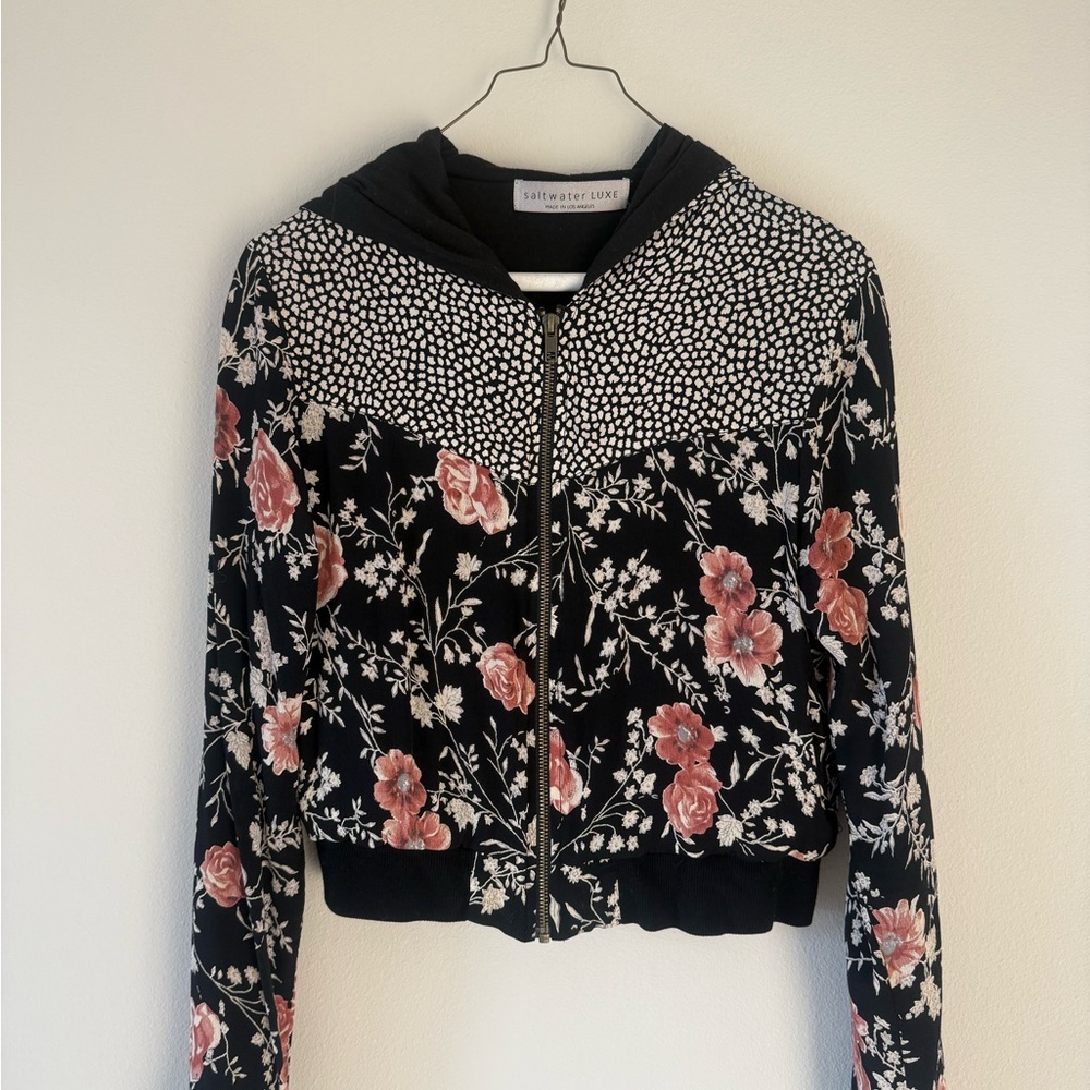 saltwater LUXE Black Floral Zip Hoodie Jacket with Pink Flowers